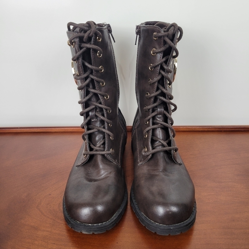 Michael Kors Dark Brown Leather with Gold Detail Lace/Zip Combat Boots Size 6 - Picture 7 of 12